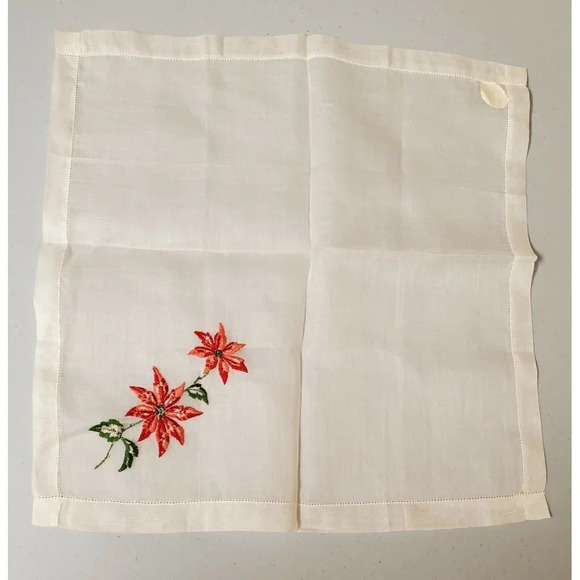 Vintage A Burmel Original Embroidered Poinsettia All Cotton Christmas Hankie New - Picture 6 of 7
